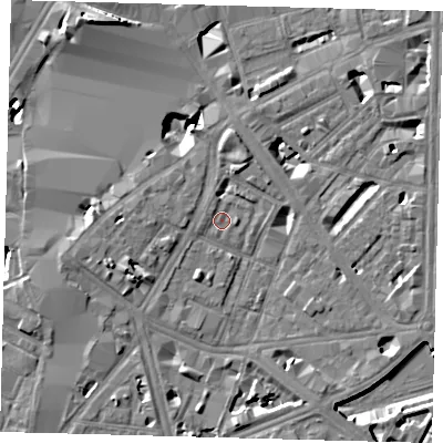Shaded relief map of the ground around SE17RF, computed from Environment Agency LiDAR. The ground here sits at about 3 m above sea level and falls 12 m across the surrounding 800 m. Surface water reaching this point runs off ground lying to the north-west, 1.0 m higher.