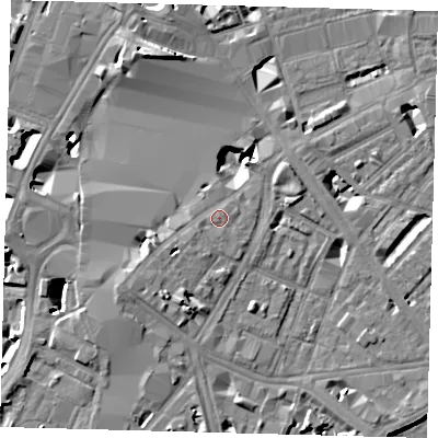 Shaded relief map of the ground around SE17RG, computed from Environment Agency LiDAR. The ground here sits at about 4 m above sea level and falls 12 m across the surrounding 800 m. Surface water reaching this point runs off ground lying to the west-south-west, 2.3 m higher.