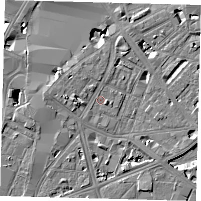 Shaded relief map of the ground around SE17RP, computed from Environment Agency LiDAR. The ground here sits at about 3 m above sea level and falls 9 m across the surrounding 800 m. Surface water reaching this point runs off ground lying to the west, 2.0 m higher.