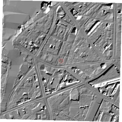 Shaded relief map of the ground around SE17RU, computed from Environment Agency LiDAR. The ground here sits at about 3 m above sea level and falls 9 m across the surrounding 800 m. Surface water reaching this point runs off ground lying to the west-north-west, 4.9 m higher.
