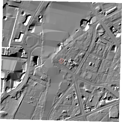 Shaded relief map of the ground around SE17RW, computed from Environment Agency LiDAR. The ground here sits at about 5 m above sea level and falls 9 m across the surrounding 800 m. Surface water reaching this point runs off ground lying to the east, 1.1 m higher.