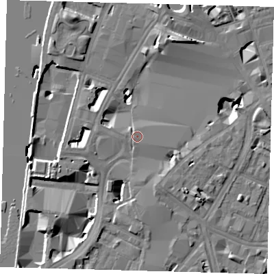 Shaded relief map of the ground around SE17RY, computed from Environment Agency LiDAR. The ground here sits at about 4 m above sea level and falls 12 m across the surrounding 800 m. Surface water reaching this point runs off ground lying to the west, 0.6 m higher.