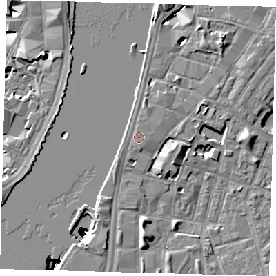 Shaded relief map of the ground around SE17SD, computed from Environment Agency LiDAR. The ground here sits at about 5 m above sea level and falls 50 m across the surrounding 800 m. Surface water reaching this point runs off ground lying to the north, 1.0 m higher.