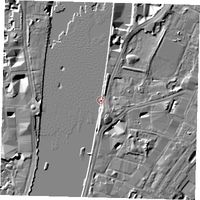 Shaded relief map of the ground around SE17SG, computed from Environment Agency LiDAR. The ground here sits at about 4 m above sea level and falls 8 m across the surrounding 800 m. Surface water reaching this point runs off ground lying to the east-south-east, 1.2 m higher.