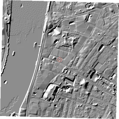 Shaded relief map of the ground around SE17SJ, computed from Environment Agency LiDAR. The ground here sits at about 4 m above sea level and falls 7 m across the surrounding 800 m. Surface water reaching this point runs off ground lying to the west-south-west, 1.2 m higher.