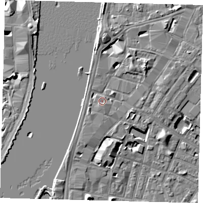 Shaded relief map of the ground around SE17SP, computed from Environment Agency LiDAR. The ground here sits at about 5 m above sea level and falls 7 m across the surrounding 800 m. Surface water reaching this point runs off ground lying to the north-east, 1.5 m higher.