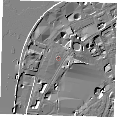 Shaded relief map of the ground around SE17ST, computed from Environment Agency LiDAR. The ground here sits at about 4 m above sea level and falls 13 m across the surrounding 800 m. Surface water reaching this point runs off ground lying to the north-east, 1.5 m higher.