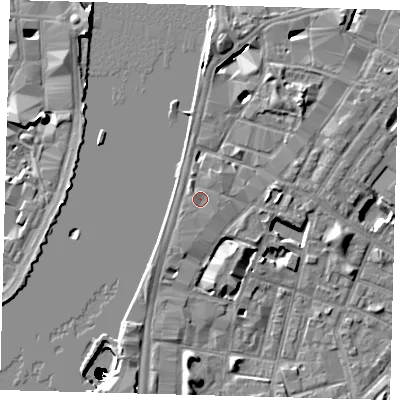 Shaded relief map of the ground around SE17TJ, computed from Environment Agency LiDAR. The ground here sits at about 5 m above sea level and falls 50 m across the surrounding 800 m. The ground contributing surface water to this point lies to the north-west.