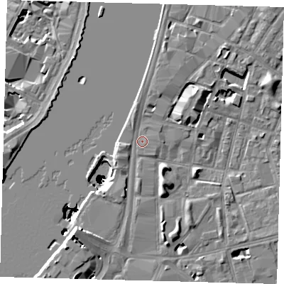 Shaded relief map of the ground around SE17TL, computed from Environment Agency LiDAR. The ground here sits at about 5 m above sea level and falls 50 m across the surrounding 800 m. Surface water reaching this point runs off ground lying to the south, 1.1 m higher.