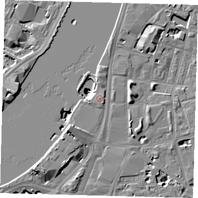 Shaded relief map of the ground around SE17TP, computed from Environment Agency LiDAR. The ground here sits at about 6 m above sea level and falls 50 m across the surrounding 800 m. Surface water reaching this point runs off ground lying to the north, 0.6 m higher.