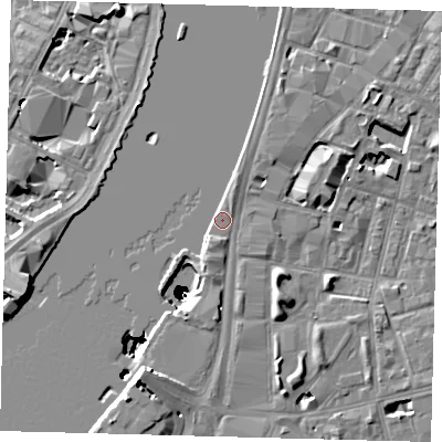 Shaded relief map of the ground around SE17TY, computed from Environment Agency LiDAR. The ground here sits at about 5 m above sea level and falls 50 m across the surrounding 800 m. Surface water reaching this point runs off ground lying to the south-south-west, 4.5 m higher.