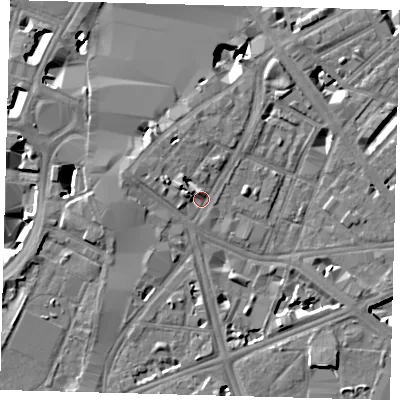 Shaded relief map of the ground around SE17UR, computed from Environment Agency LiDAR. The ground here sits at about 4 m above sea level and falls 9 m across the surrounding 800 m. Surface water reaching this point runs off ground lying to the north-west, 3.5 m higher.