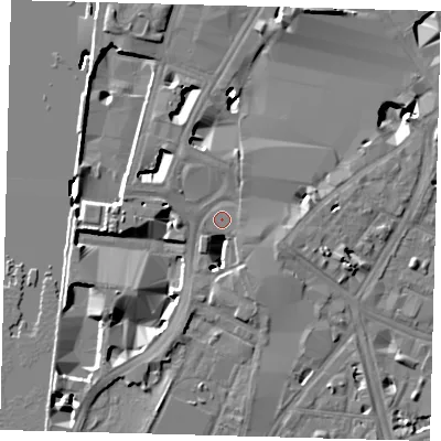 Shaded relief map of the ground around SE17UT, computed from Environment Agency LiDAR. The ground here sits at about 4 m above sea level and falls 12 m across the surrounding 800 m. Surface water reaching this point runs off ground lying to the west, 7.6 m higher.
