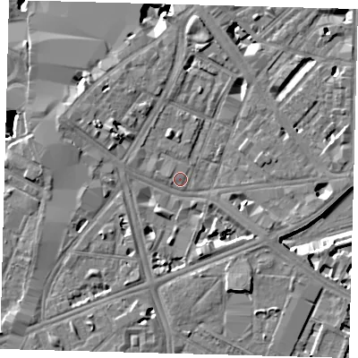 Shaded relief map of the ground around SE17XA, computed from Environment Agency LiDAR. The ground here sits at about 3 m above sea level and falls 9 m across the surrounding 800 m. Surface water reaching this point runs off ground lying to the north-west, 4.9 m higher.