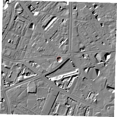Shaded relief map of the ground around SE17XP, computed from Environment Agency LiDAR. The ground here sits at about 2 m above sea level and falls 10 m across the surrounding 800 m. Surface water reaching this point runs off ground lying to the east-north-east, 3.2 m higher.