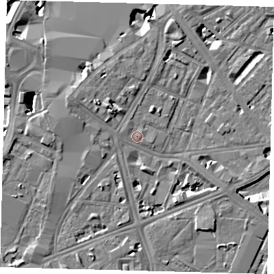 Shaded relief map of the ground around SE17XT, computed from Environment Agency LiDAR. The ground here sits at about 4 m above sea level and falls 9 m across the surrounding 800 m. Surface water reaching this point runs off ground lying to the north-west, 4.9 m higher.