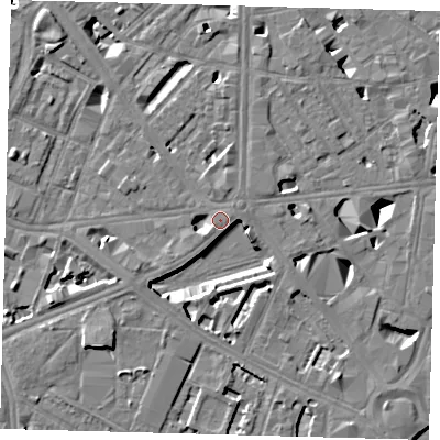 Shaded relief map of the ground around SE17XW, computed from Environment Agency LiDAR. The ground here sits at about 4 m above sea level and falls 10 m across the surrounding 800 m. Surface water reaching this point runs off ground lying to the north-east, 5.2 m higher.