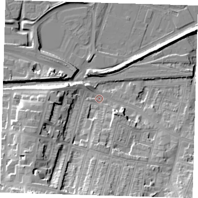 Shaded relief map of the ground around SE181BG, computed from Environment Agency LiDAR. The ground here sits at about 4 m above sea level and falls 37 m across the surrounding 800 m. Surface water reaching this point runs off ground lying to the south-west, 33.2 m higher.