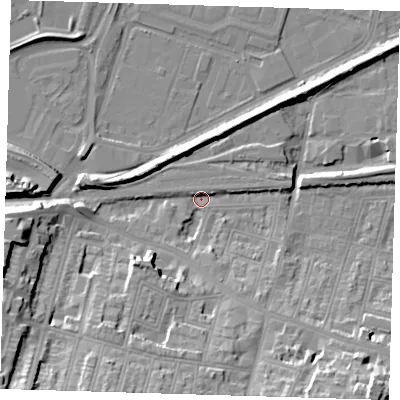 Shaded relief map of the ground around SE181BN, computed from Environment Agency LiDAR. The ground here sits at about 2 m above sea level and falls 24 m across the surrounding 800 m. Surface water reaching this point runs off ground lying to the south-west, 22.4 m higher.