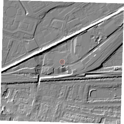 Shaded relief map of the ground around SE181BS, computed from Environment Agency LiDAR. The ground here sits at about 3 m above sea level and falls 12 m across the surrounding 800 m. Surface water reaching this point runs off ground lying to the east-north-east, 6.7 m higher.