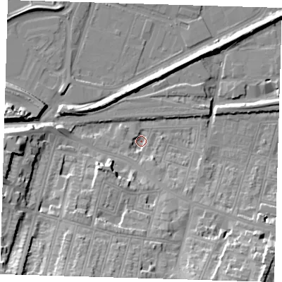 Shaded relief map of the ground around SE181BT, computed from Environment Agency LiDAR. The ground here sits at about 2 m above sea level and falls 30 m across the surrounding 800 m. Surface water reaching this point runs off ground lying to the south-east, 6.3 m higher.