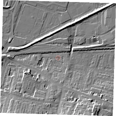 Shaded relief map of the ground around SE181BU, computed from Environment Agency LiDAR. The ground here sits at about 3 m above sea level and falls 23 m across the surrounding 800 m. Surface water reaching this point runs off ground lying to the south-south-east, 21.2 m higher.