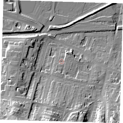 Shaded relief map of the ground around SE181BW, computed from Environment Agency LiDAR. The ground here sits at about 10 m above sea level and falls 45 m across the surrounding 800 m. Surface water reaching this point runs off ground lying to the south, 7.2 m higher.