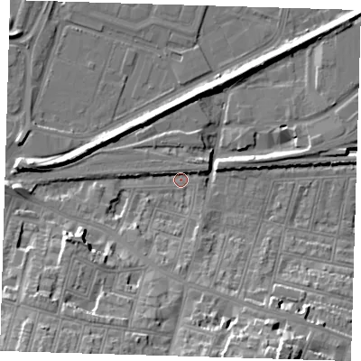 Shaded relief map of the ground around SE181BX, computed from Environment Agency LiDAR. The ground here sits at about 2 m above sea level and falls 22 m across the surrounding 800 m. Surface water reaching this point runs off ground lying to the south-south-east, 20.3 m higher.