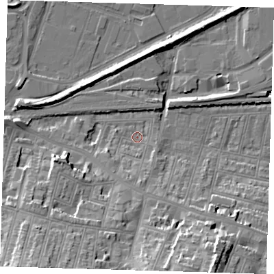 Shaded relief map of the ground around SE181BY, computed from Environment Agency LiDAR. The ground here sits at about 3 m above sea level and falls 27 m across the surrounding 800 m. Surface water reaching this point runs off ground lying to the south-south-east, 22.4 m higher.