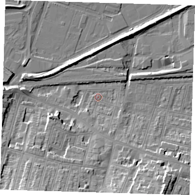 Shaded relief map of the ground around SE181BZ, computed from Environment Agency LiDAR. The ground here sits at about 3 m above sea level and falls 25 m across the surrounding 800 m. Surface water reaching this point runs off ground lying to the south-south-east, 21.7 m higher.