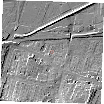 Shaded relief map of the ground around SE181DA, computed from Environment Agency LiDAR. The ground here sits at about 4 m above sea level and falls 30 m across the surrounding 800 m. Surface water reaching this point runs off ground lying to the south-south-east, 5.3 m higher.