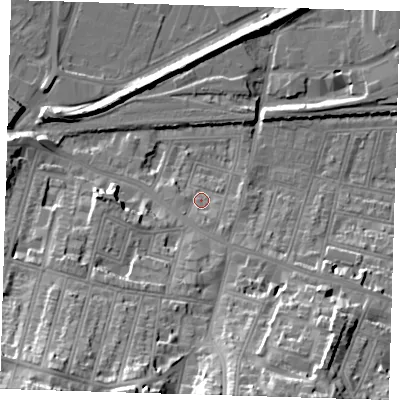 Shaded relief map of the ground around SE181DB, computed from Environment Agency LiDAR. The ground here sits at about 6 m above sea level and falls 35 m across the surrounding 800 m. Surface water reaching this point runs off ground lying to the south-south-east, 4.0 m higher.