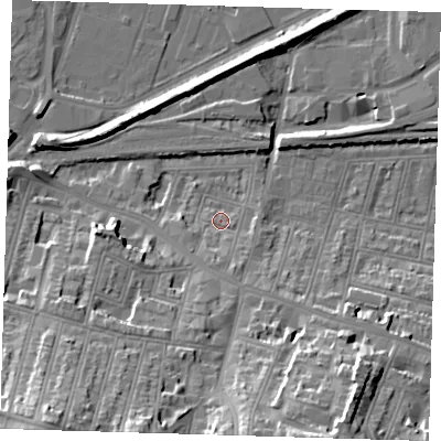 Shaded relief map of the ground around SE181DD, computed from Environment Agency LiDAR. The ground here sits at about 4 m above sea level and falls 31 m across the surrounding 800 m. Surface water reaching this point runs off ground lying to the south, 4.0 m higher.