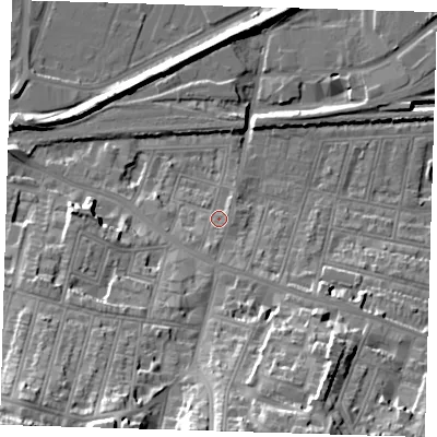 Shaded relief map of the ground around SE181DE, computed from Environment Agency LiDAR. The ground here sits at about 6 m above sea level and falls 35 m across the surrounding 800 m. Surface water reaching this point runs off ground lying to the south, 24.1 m higher.