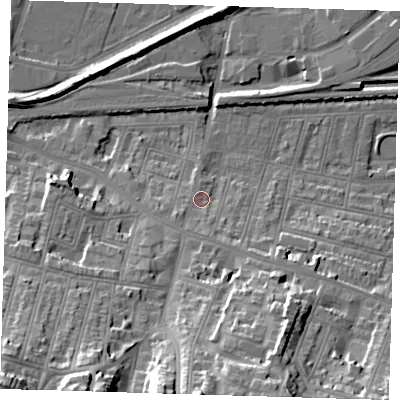 Shaded relief map of the ground around SE181DF, computed from Environment Agency LiDAR. The ground here sits at about 6 m above sea level and falls 38 m across the surrounding 800 m. Surface water reaching this point runs off ground lying to the south, 28.6 m higher.