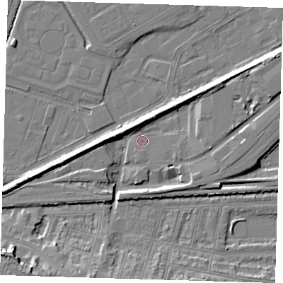 Shaded relief map of the ground around SE181DG, computed from Environment Agency LiDAR. The ground here sits at about 2 m above sea level and falls 13 m across the surrounding 800 m. Surface water reaching this point runs off ground lying to the west-south-west, 7.3 m higher.