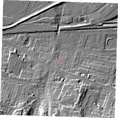 Shaded relief map of the ground around SE181DL, computed from Environment Agency LiDAR. The ground here sits at about 6 m above sea level and falls 36 m across the surrounding 800 m. Surface water reaching this point runs off ground lying to the south-south-west, 4.2 m higher.