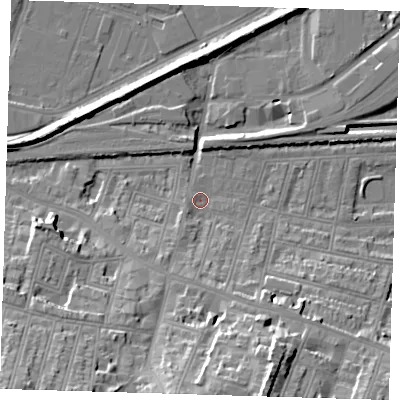 Shaded relief map of the ground around SE181DN, computed from Environment Agency LiDAR. The ground here sits at about 3 m above sea level and falls 28 m across the surrounding 800 m. Surface water reaching this point runs off ground lying to the south, 7.9 m higher.