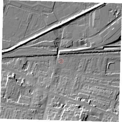 Shaded relief map of the ground around SE181DW, computed from Environment Agency LiDAR. The ground here sits at about 2 m above sea level and falls 23 m across the surrounding 800 m. Surface water reaching this point runs off ground lying to the south, 8.5 m higher.