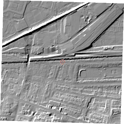 Shaded relief map of the ground around SE181EA, computed from Environment Agency LiDAR. The ground here sits at about 2 m above sea level and falls 21 m across the surrounding 800 m. Surface water reaching this point runs off ground lying to the south, 20.9 m higher.