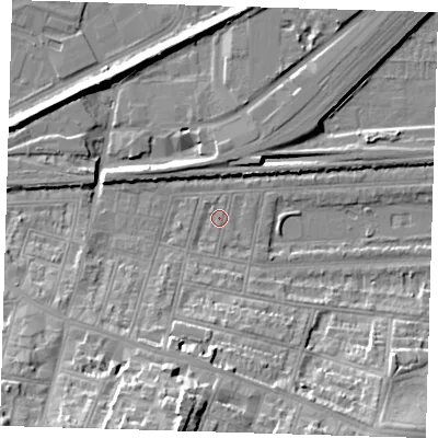 Shaded relief map of the ground around SE181EB, computed from Environment Agency LiDAR. The ground here sits at about 2 m above sea level and falls 24 m across the surrounding 800 m. Surface water reaching this point runs off ground lying to the south, 11.0 m higher.
