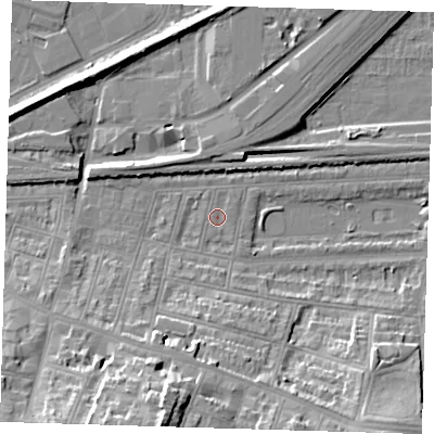 Shaded relief map of the ground around SE181ED, computed from Environment Agency LiDAR. The ground here sits at about 2 m above sea level and falls 24 m across the surrounding 800 m. Surface water reaching this point runs off ground lying to the south-south-east, 1.0 m higher.