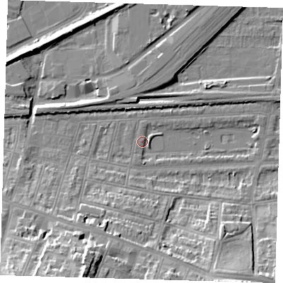 Shaded relief map of the ground around SE181EE, computed from Environment Agency LiDAR. The ground here sits at about 2 m above sea level and falls 24 m across the surrounding 800 m. Surface water reaching this point runs off ground lying to the south-south-west, 23.3 m higher.