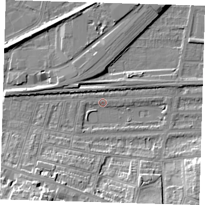Shaded relief map of the ground around SE181EF, computed from Environment Agency LiDAR. The ground here sits at about 2 m above sea level and falls 22 m across the surrounding 800 m. Surface water reaching this point runs off ground lying to the south-south-west, 14.3 m higher.