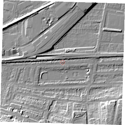 Shaded relief map of the ground around SE181EG, computed from Environment Agency LiDAR. The ground here sits at about 2 m above sea level and falls 18 m across the surrounding 800 m. Surface water reaching this point runs off ground lying to the north-east, 2.1 m higher.