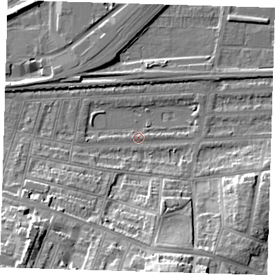 Shaded relief map of the ground around SE181EH, computed from Environment Agency LiDAR. The ground here sits at about 2 m above sea level and falls 26 m across the surrounding 800 m. Surface water reaching this point runs off ground lying to the south-west, 24.8 m higher.
