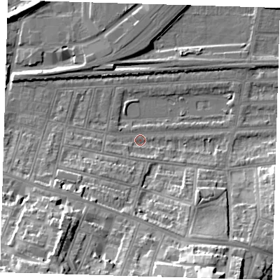 Shaded relief map of the ground around SE181EJ, computed from Environment Agency LiDAR. The ground here sits at about 2 m above sea level and falls 32 m across the surrounding 800 m. Surface water reaching this point runs off ground lying to the south-south-east, 30.1 m higher.