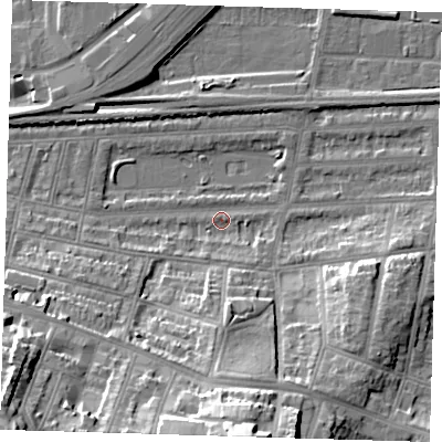 Shaded relief map of the ground around SE181EL, computed from Environment Agency LiDAR. The ground here sits at about 2 m above sea level and falls 30 m across the surrounding 800 m. Surface water reaching this point runs off ground lying to the south, 28.7 m higher.