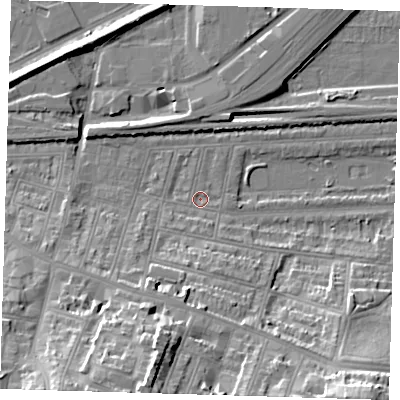 Shaded relief map of the ground around SE181EN, computed from Environment Agency LiDAR. The ground here sits at about 2 m above sea level and falls 26 m across the surrounding 800 m. Surface water reaching this point runs off ground lying to the south, 1.9 m higher.