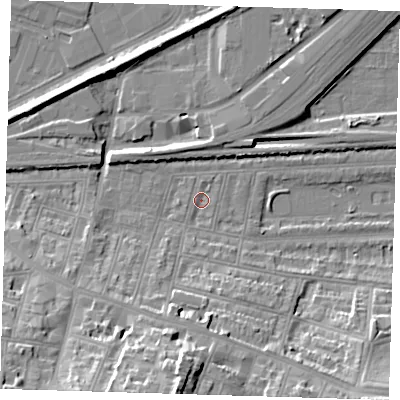 Shaded relief map of the ground around SE181EP, computed from Environment Agency LiDAR. The ground here sits at about 2 m above sea level and falls 24 m across the surrounding 800 m. Surface water reaching this point runs off ground lying to the south, 11.0 m higher.